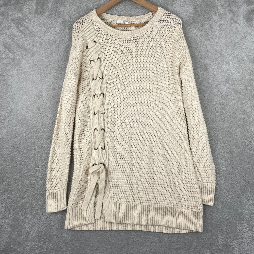 Maurices Sweater Womens Medium Cream Lace Up Side Knit Cotton Blend Tunic Boho